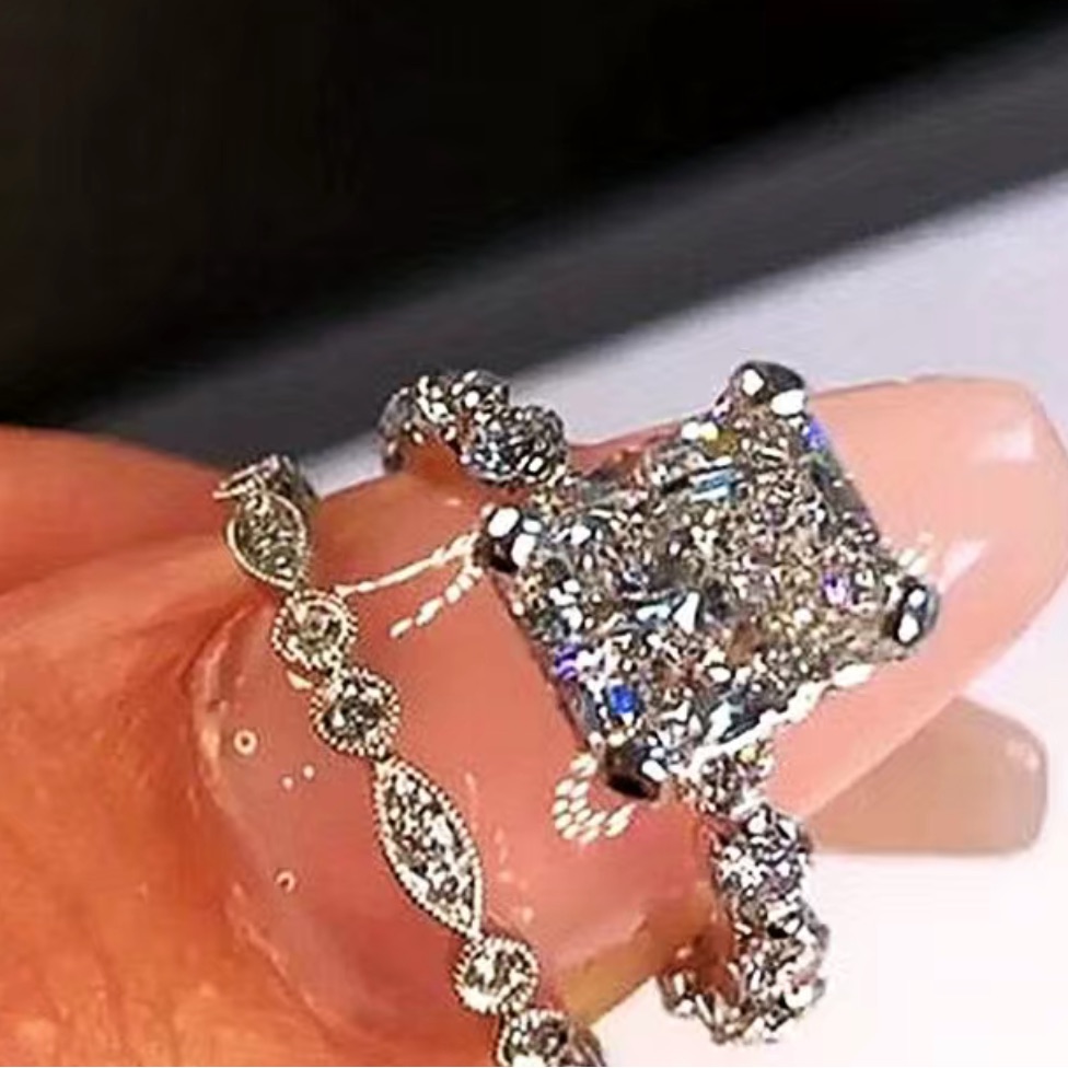 925 Sterling Silver Zircon Emerald Cut Center Stone & Round, 2-Marque & Round